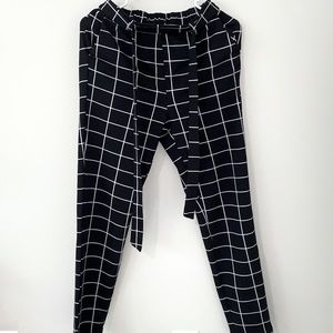 Grid Print Self-Tie Belted Work Pants